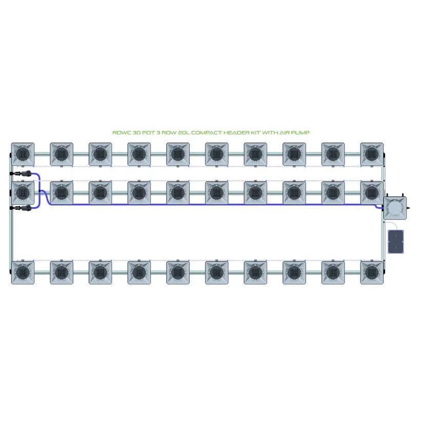 Top-down view of an RDWC 30 pot, 3-row 20L compact header hydroponics kit with an air pump on white.