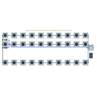 Top-down view of an RDWC 30 pot, 3-row 20L compact header hydroponics kit with an air pump on white.
