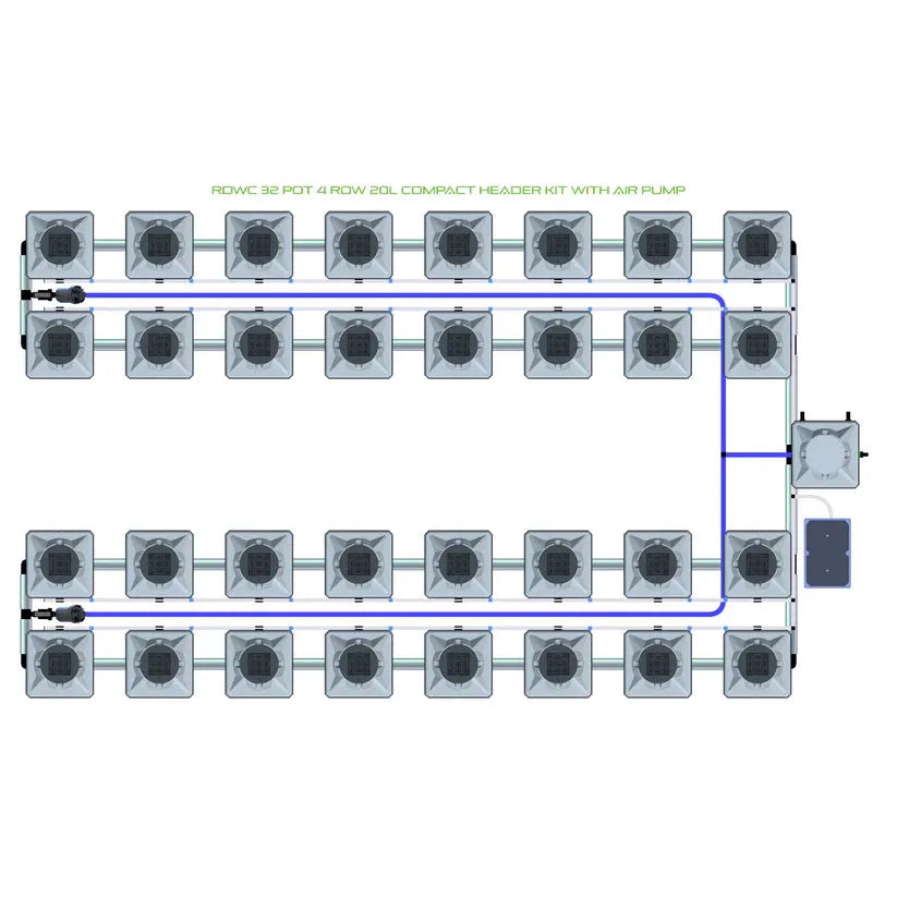 Overhead view of RDWC 32-pot, 4-row hydroponics system with 20L pots, compact header kit & air pump.