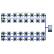 Diagram of RDWC 32-pot 4-row 20L hydroponic grow system with remote header kit and air pump setup.