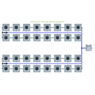 Alien Hydroponics RDWC 32 Pot 4 Row 36L Remote Header Kit layout: 32 square pots in 4 rows connected by blue pipes.
