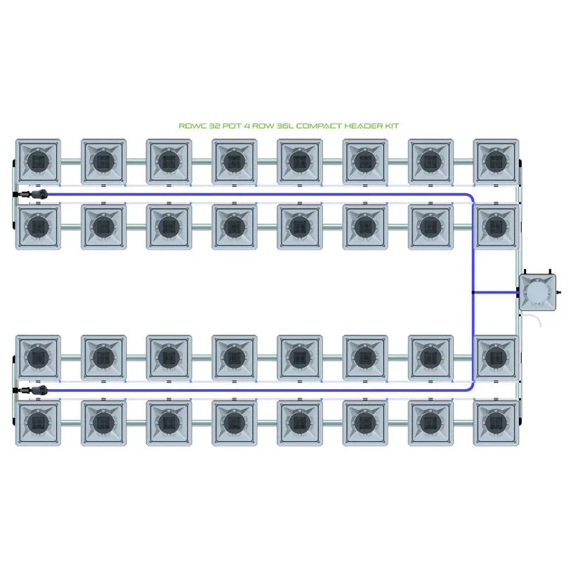 RDWC 32-pot 4-row 36L hydroponics system. Overhead view of grey square pots, blue water lines, and header unit.