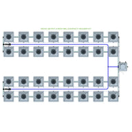 RDWC 32-pot 4-row 36L hydroponics system. Overhead view of grey square pots, blue water lines, and header unit.