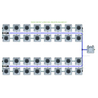 Alien Hydroponics RDWC 32 pot 4 row 20L remote header kit diagram, showing grey square pots and blue pipes.