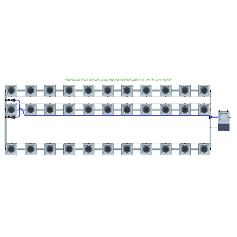 Top-down view of Alien Hydroponics RDWC 33-pot, 3-row, 20L system with remote header kit & air pump.