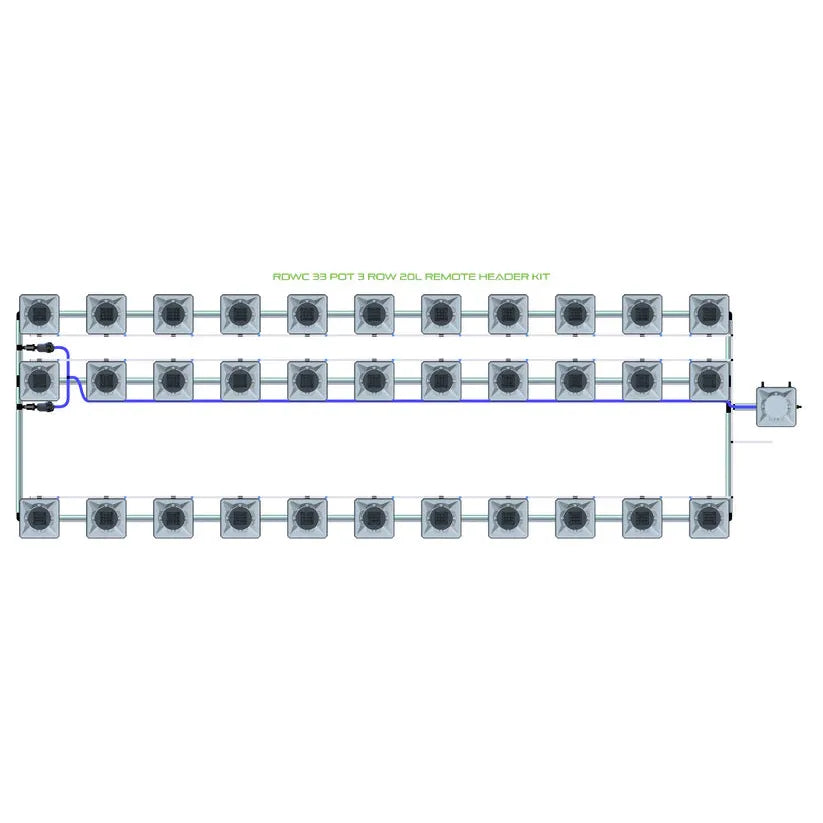 Overhead view of a 3-row, 33-pot RDWC hydroponic system with square pots, interconnected tubing, and remote header tank.