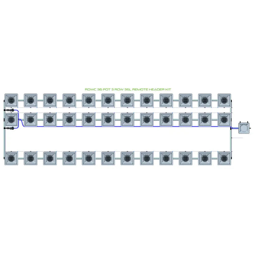 RDWC 36 pot, 3 row, 36L hydroponic system with remote header kit layout diagram on white background.