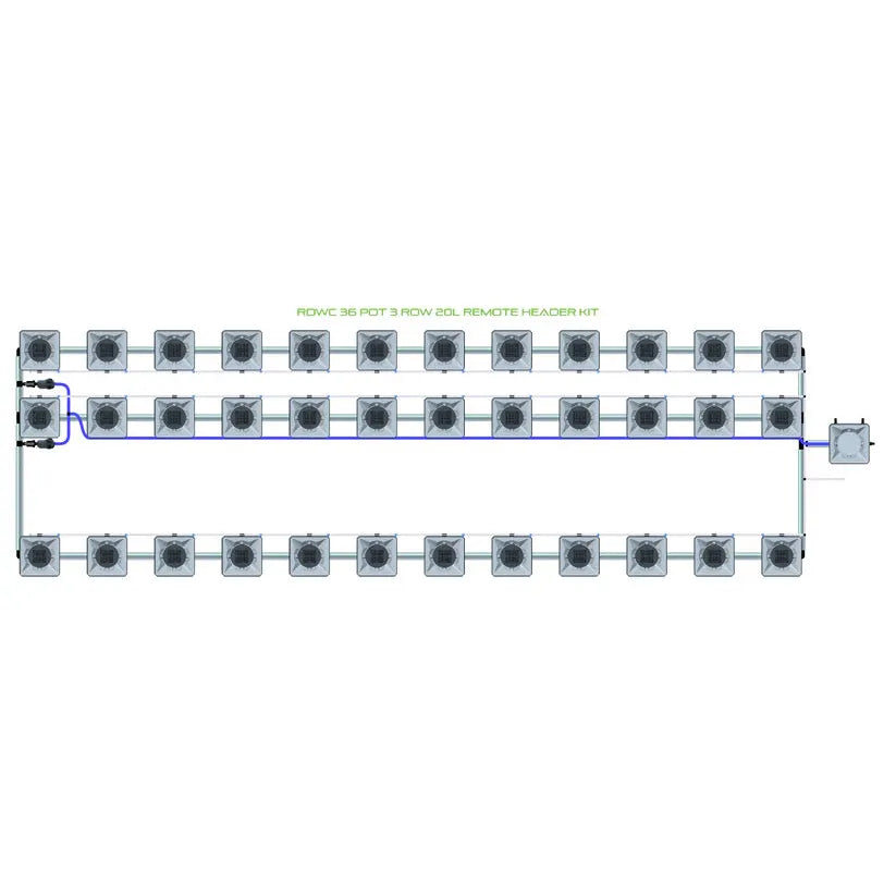 RDWC 36 Pot 3 Row 20L Remote Header Kit hydroponics system diagram with square pots and plumbing layout.