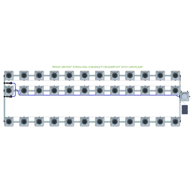 RDWC 36 Pot 3 Row 20L Compact Header Kit with Air Pump hydroponics system diagram showing interconnected pots.