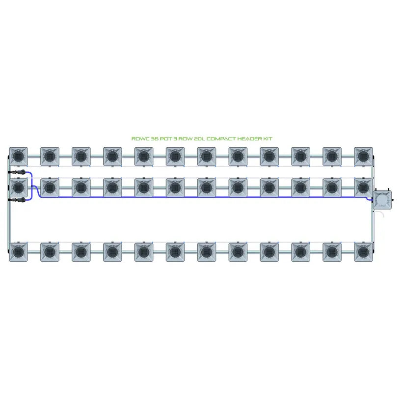 RDWC 36-pot, 3-row, 20L hydroponics system diagram, with interconnected square pots and compact header kit.