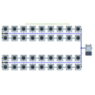 Top-down view of a 36-pot, 4-row RDWC hydroponic system by Alien Hydroponics, with gray pots & blue tubing.