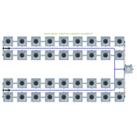 ROWC 36 pot 4 row 36L compact header kit hydroponic system layout: 36 gray modules in 4 rows, blue water lines.