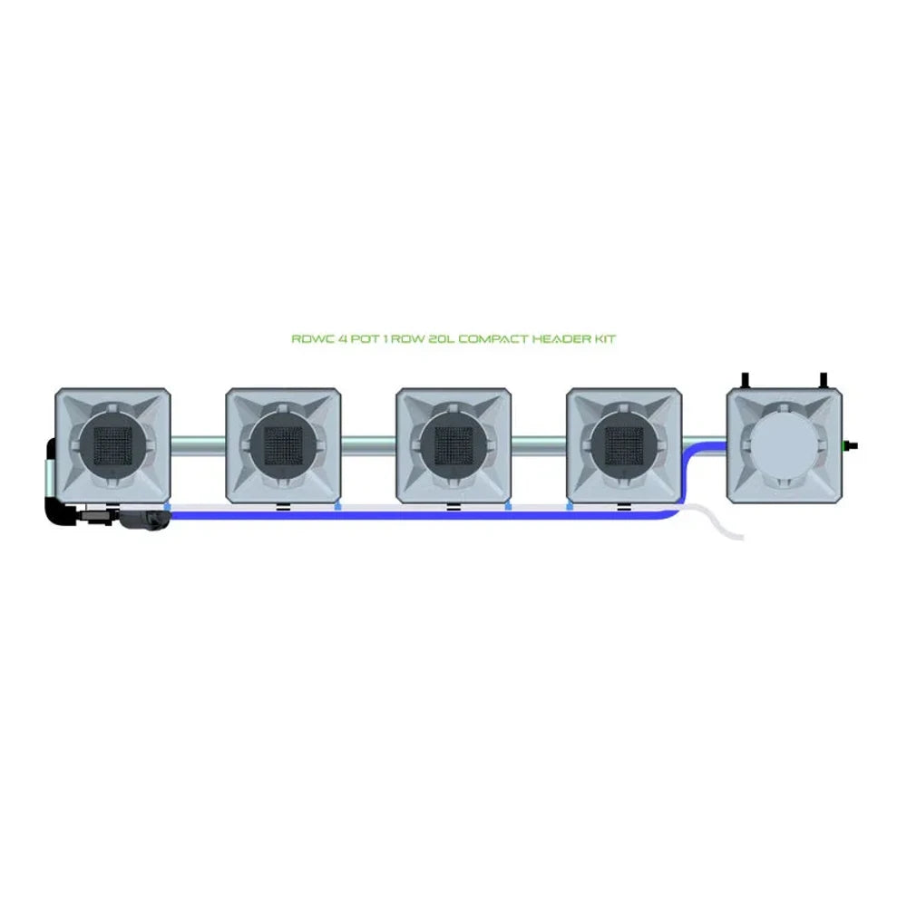 RDWC 4 Pot 1 Row 20L Compact Header Kit: top-down view of hydroponic system with four square pots, pump, and reservoir.