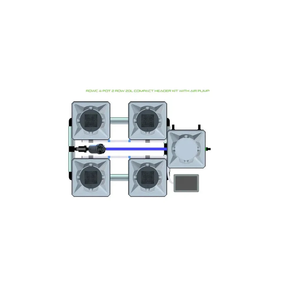 RDWC 4 Pot 2 Row 20L Compact Header Kit with Air Pump: top-down view of 4 square pots, reservoir, pump, and pipes.