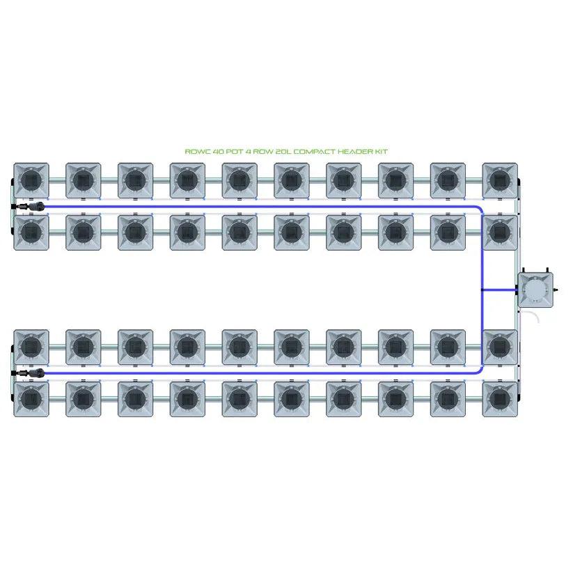 Top-down view of a 40-pot, 4-row RDWC hydroponic system with square pots and blue tubing connecting to a central unit.
