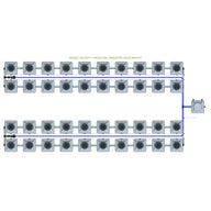 Diagram of a 40-pot, 4-row, 20L RDWC remote header hydroponic system featuring square pots and blue tubing.