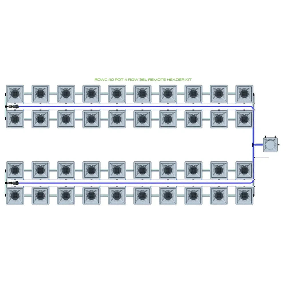 RDWC 40 pot 4 row 36L remote header kit. Top-down view of a large hydroponic system with grey pots & blue tubes.