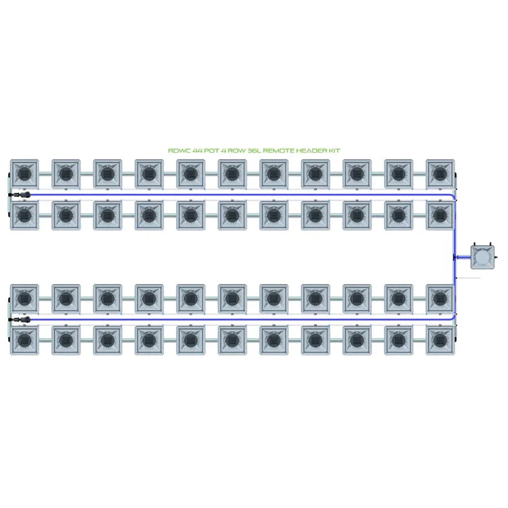 RDWC 44-pot, 4-row hydroponic system diagram with remote header kit, showing square grow pots and blue tubing.