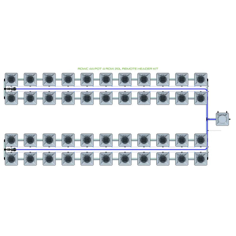 RDWC 44-pot 4-row 20L hydroponic system layout. Top-down view shows pots connected by blue pipes to a remote header.