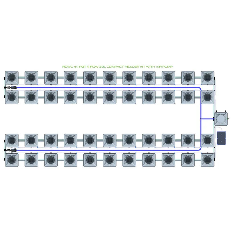 Top-down diagram of Alien Hydroponics RDWC 44-pot 4-row 20L system: 44 square pots connected by pipes to a central pump.