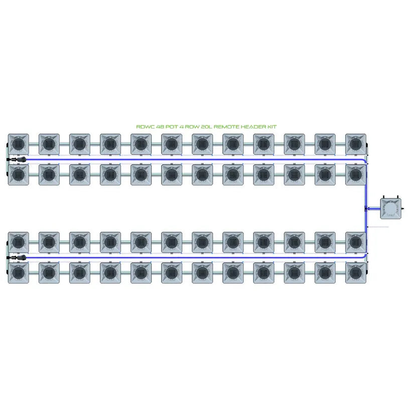 Diagram of an RDWC 48 pot, 4 row, 20L remote header hydroponics system layout with blue tubing connections.