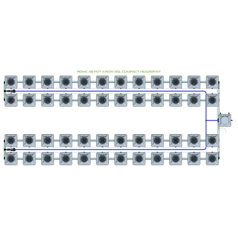 Overhead diagram of an Alien Hydroponics RDWC 48-pot, 4-row, 20L compact header system with tubing.