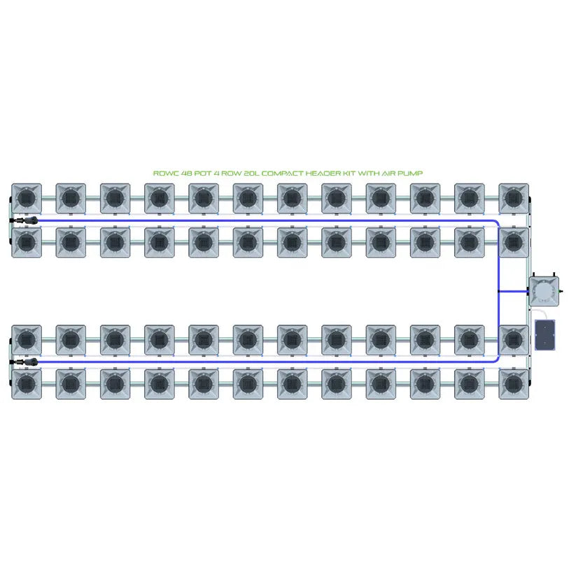 RDWC 48-pot, 4-row, 20L compact header kit with air pump. Diagram shows hydroponic system layout.
