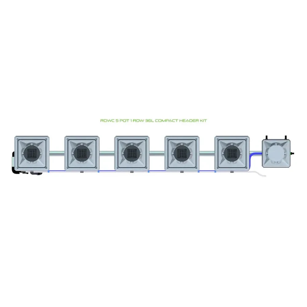 Top-down view of an RDWC 5 pot 1 row 36L compact header hydroponic system with grey pots, blue tubing, and reservoir.