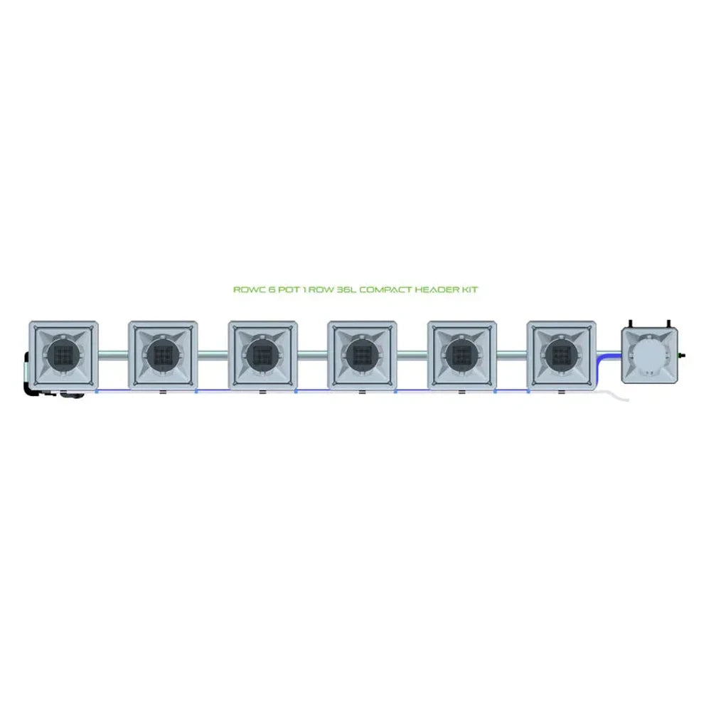 Top-down view of a 6-pot 1-row RDWC hydroponics system with square reservoirs and compact header kit.