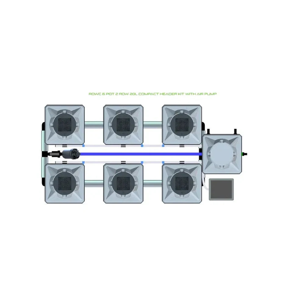 Overhead view of a ROWC 6 Pot 2 Row 20L Compact Header Kit with Air Pump hydroponic system.