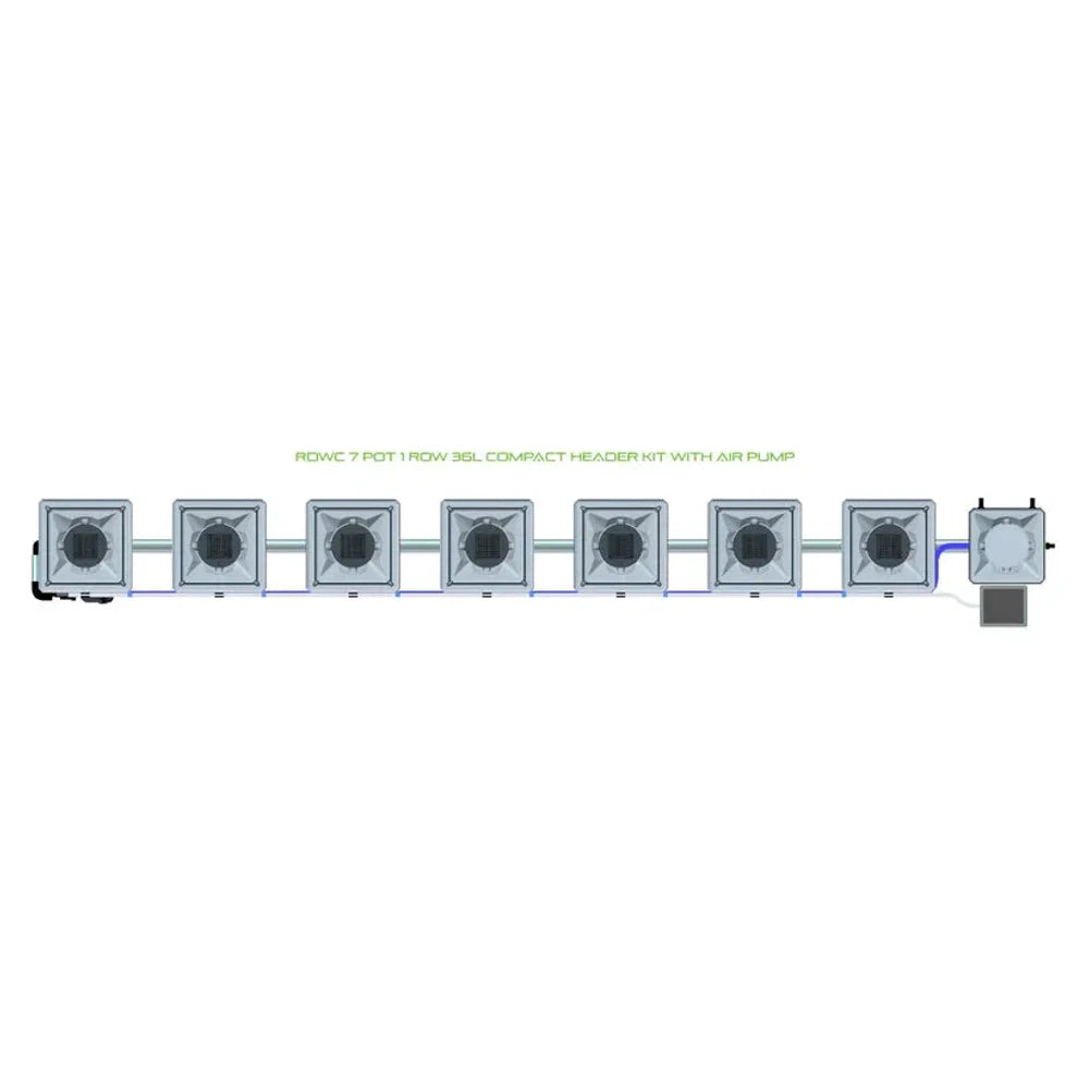 Top-down view of an RDWC 7-pot, 1-row, 36L hydroponics system with an air pump and compact header kit.
