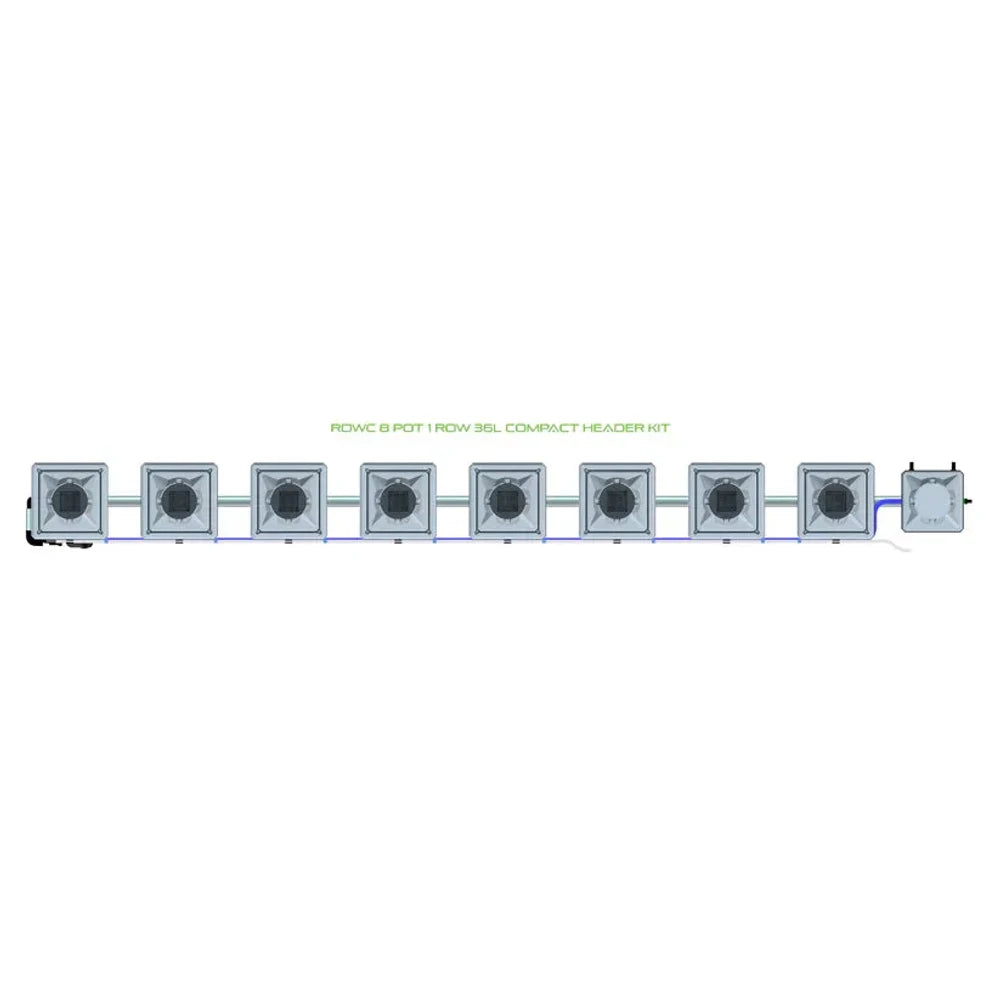 Alien Hydroponics RDWC 8-pot 1-row 36L compact header kit hydroponics system, top view with gray pots and tubing.