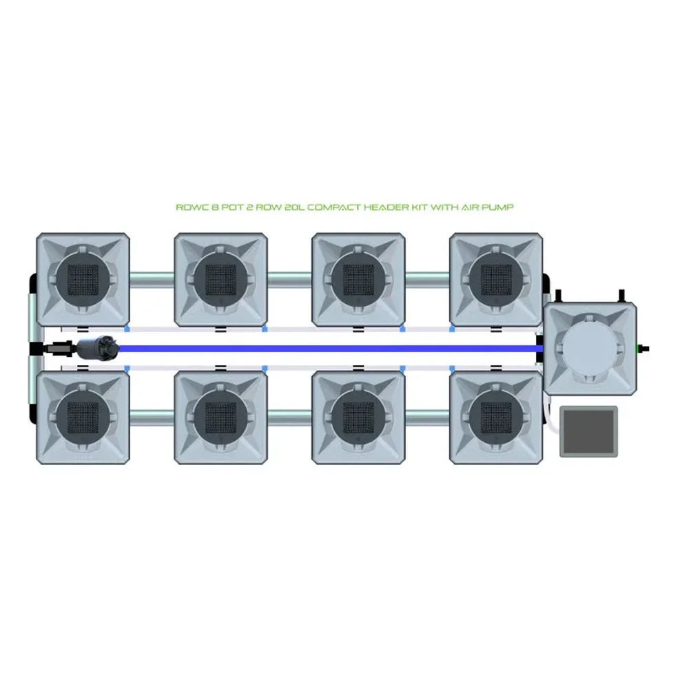 Top-down view of an RDWC 8 Pot 2 Row 20L Compact Header Kit with Air Pump hydroponic system.
