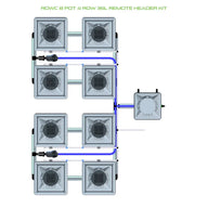 Top-down diagram of an 8-pot, 4-row RDWC hydroponic system with a remote header, pumps, and extensive piping.
