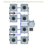 RDWC 8 Pot 4 Row 36L Compact Header Kit with Air Pump diagram. Hydroponic system layout with square pots, reservoir.