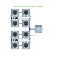 RDWC 8 Pot 4 Row 20L Remote Header Kit hydroponics system diagram with 8 pots, header tank, and tubing.