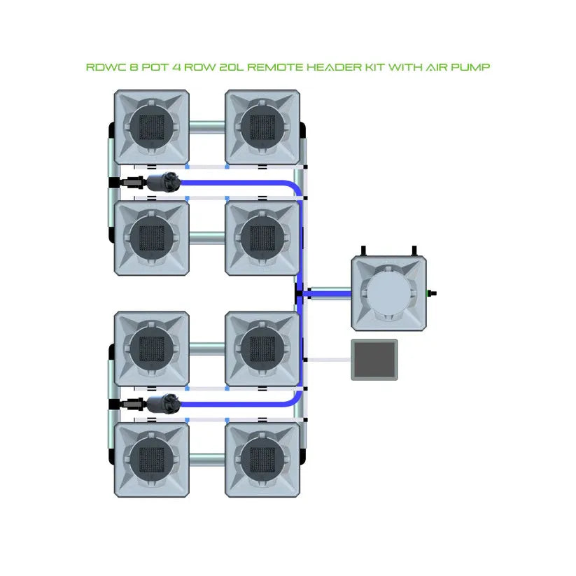 RDWC 8-pot, 4-row 20L hydroponic system with remote header kit, central reservoir, air pump, and plumbing.