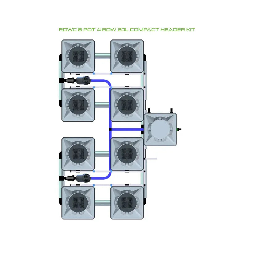 RDWC 8-pot 4-row 20L compact header kit diagram. Hydroponic system layout showing pots, reservoir, pumps, tubing.