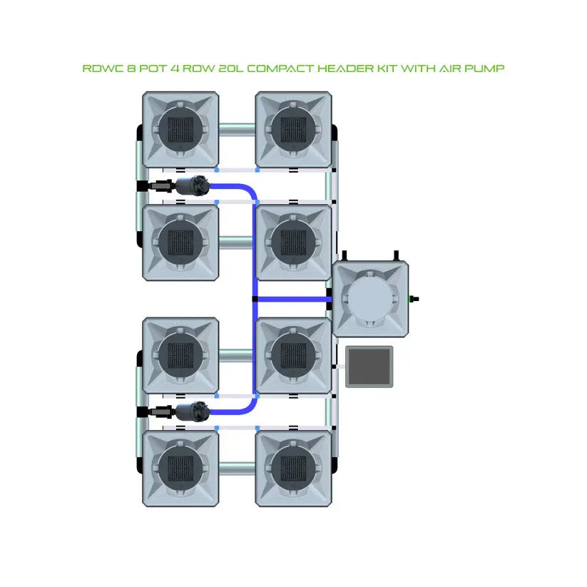 Diagram of RDWC 8-pot, 4-row, 20L compact header kit hydroponic system with grey pots, plumbing, air pump.