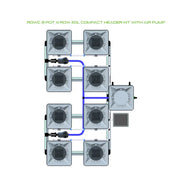 Diagram of RDWC 8-pot, 4-row, 20L compact header kit hydroponic system with grey pots, plumbing, air pump.