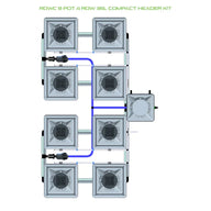 Diagram of an 8-pot 4-row RDWc 36L hydroponic system with compact header, showing square pots, pump, and tubing.