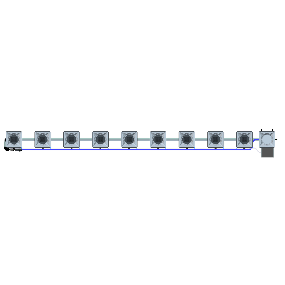 Alien Hydroponics RDWC 9-pot, 1-row system: top-down view of square plant pots, interconnecting pipes, and reservoir.
