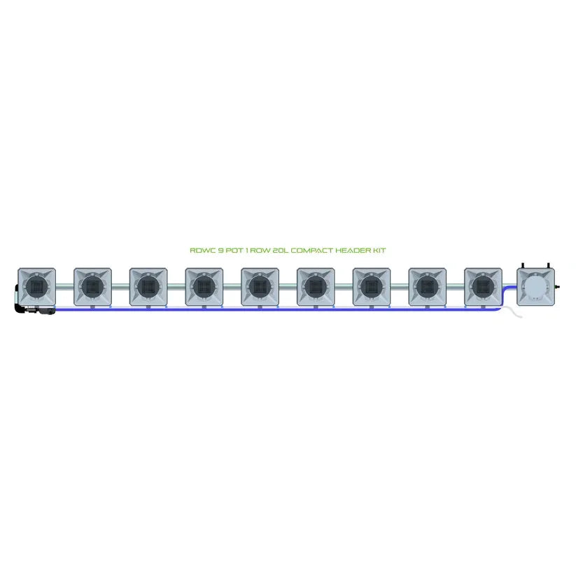 RDWC 9-pot, 1-row 20L compact header hydroponic kit. Grey pots connected by blue tubing in a straight line.