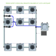 Diagram of a 9-pot RDWC hydroponics system with 3 rows of 20L pots, remote header, air pump, and silver/blue plumbing.