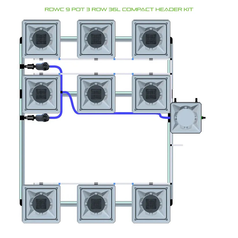 Top-down view of a 9-pot, 3-row RDWC hydroponic system with square pots, reservoir, and blue water lines.