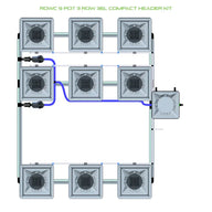 Top-down view of a 9-pot, 3-row RDWC hydroponic system with square pots, reservoir, and blue water lines.