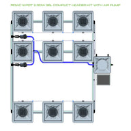 RDWC 9-pot, 3-row, 36L compact header hydroponic system diagram with air pump, grey pots, and blue tubing.