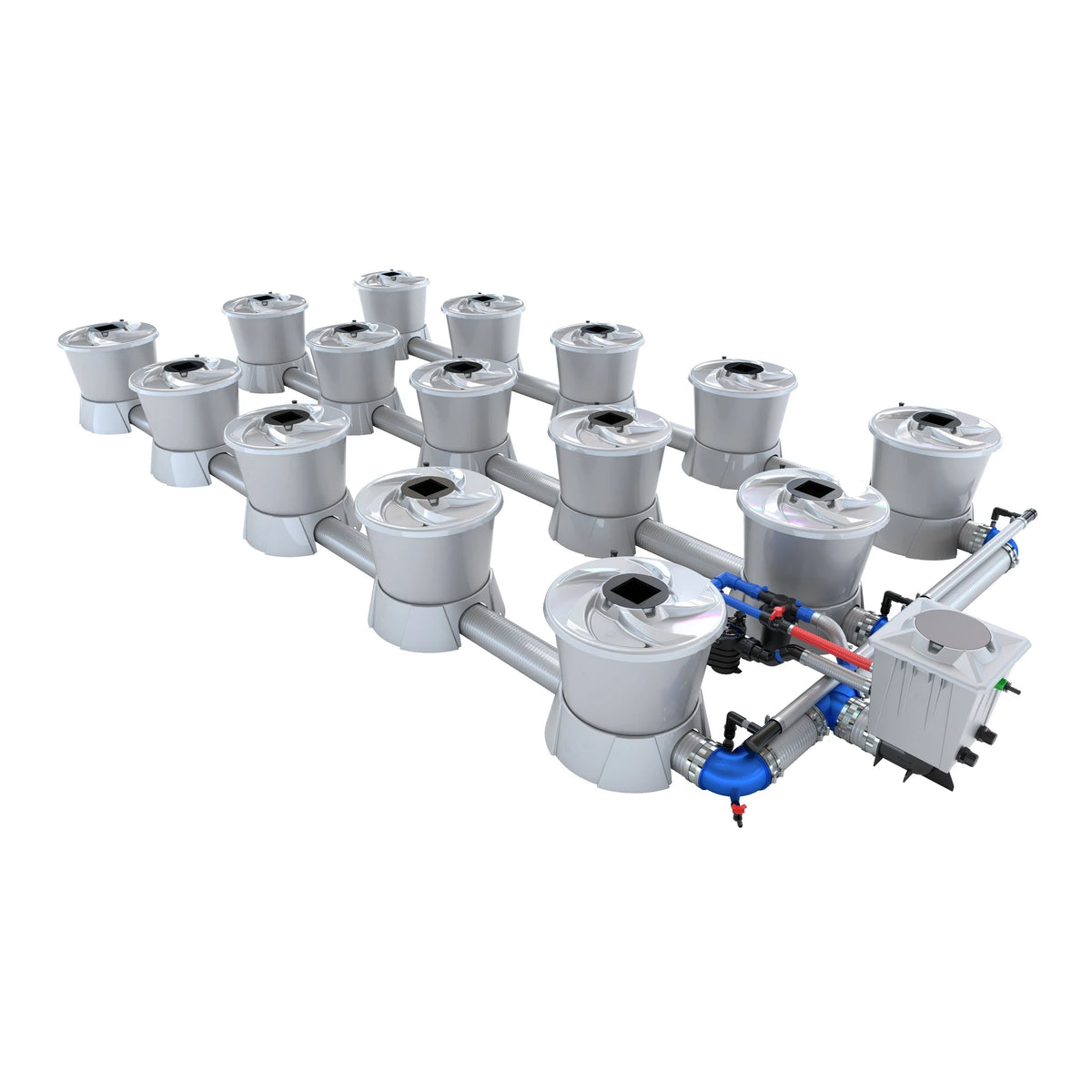 Alien hydroponics system with 15 pots in 3 rows, connected by pipes and a reservoir.