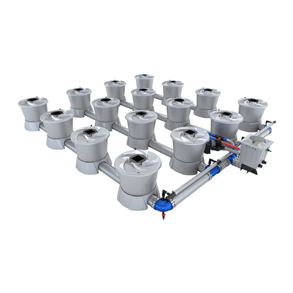 A hydroponics system with 16 white pots arranged in 4 rows with gray pipes and blue fittings.