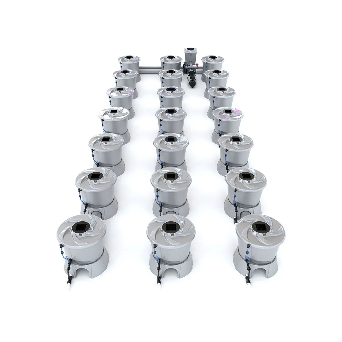 Arrangement of 21 silver hydroponic pots in a deep water culture system on a white background.